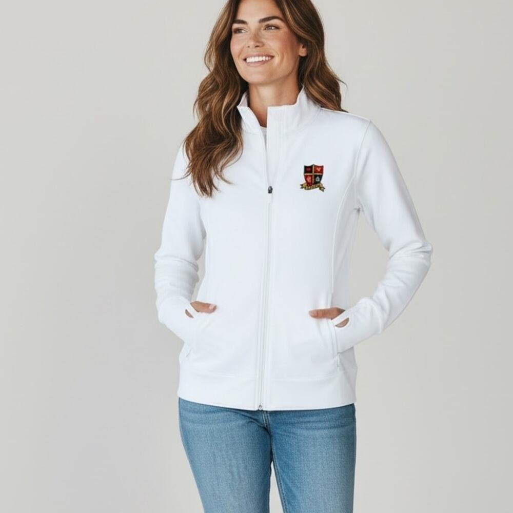 ALO White Full Zip Bomber Jacket LEGACY Crest Stretch Thumbhole Medium Athletic